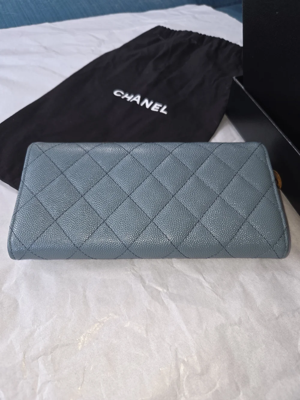 Chanel Quilted Caviar Leather Long Wallet in Light Slate Blue